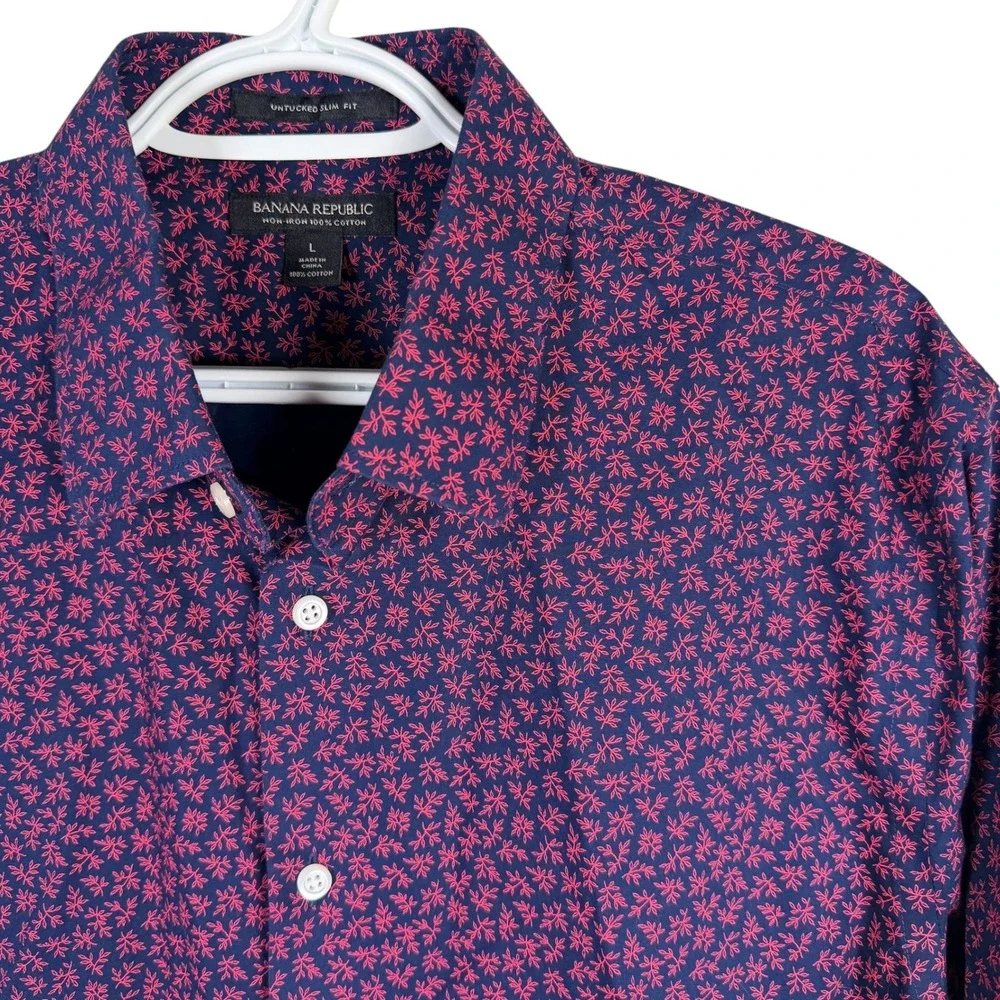 Banana Republic Untucked Slim Fit Shirt Mens L Navy Blue Red Floral Non-Iron